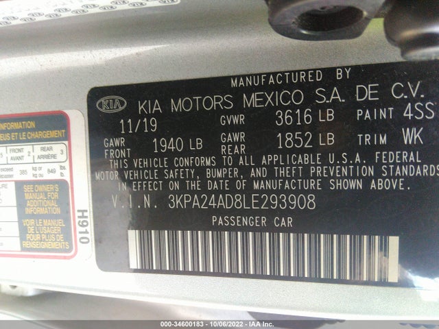 2020 KIA RIO LX VIN: 3KPA24AD8LE293908