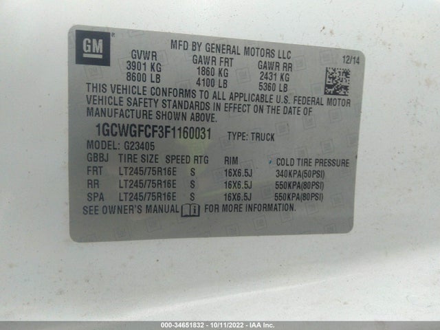 2015 Chevrolet Express, VIN: 1GCWGFCF3F1160031