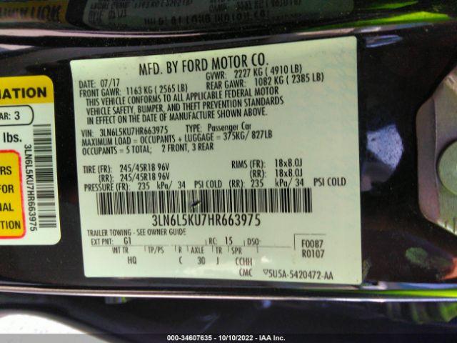 3LN6L5KU7HR663975 Lincoln Mkz Hybrid Premiere