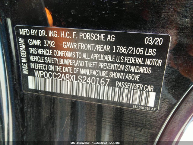 2020 Porsche 718, VIN: WP0CC2A8XLS240167