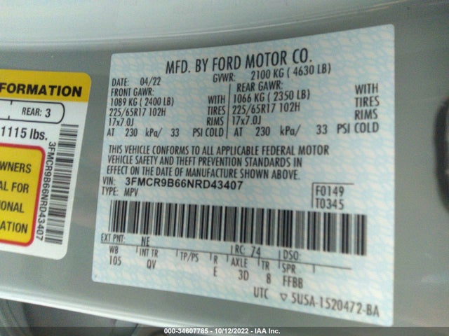 2022 Ford Bronco, VIN: 3FMCR9B66NRD43407