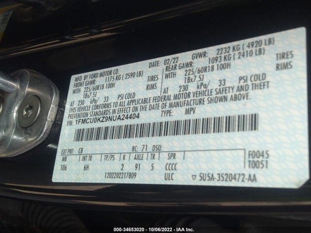 2022 Ford Escape, VIN: 1FMCU0KZ9NUA24404