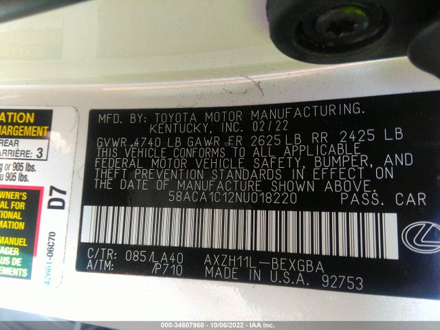 2022 Lexus ES, VIN: 58ACA1C12NU018220