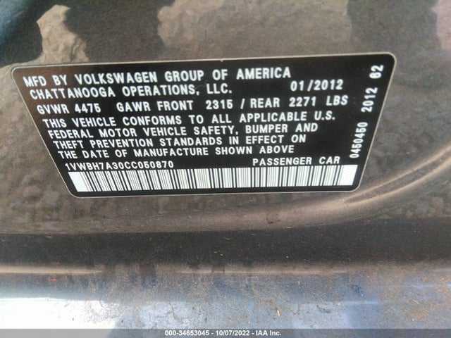 1VWBH7A30CC050870 Volkswagen Passat Se W/sunroof