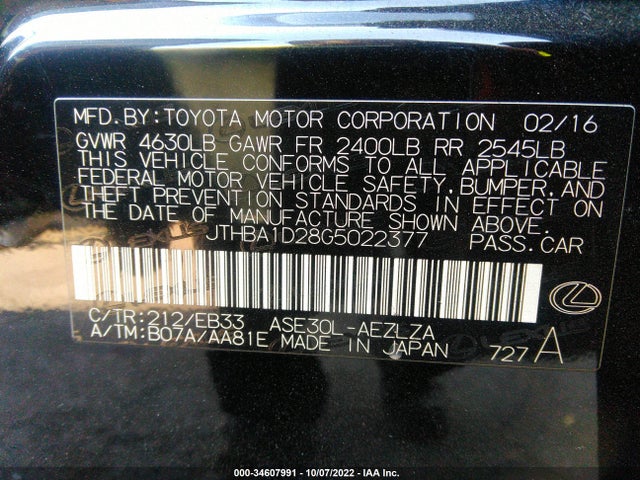 JTHBA1D28G5022377 Lexus IS 200T