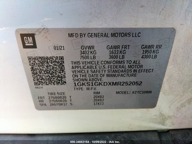 2021 GMC Yukon XL, VIN: 1GKS1GKDXMR252052