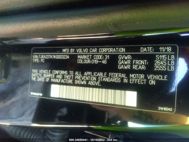 2019 Volvo S60, VIN: 7JRA22TK1KG003234