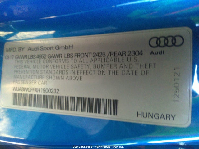 2017 Audi RS 3, VIN: WUABWGFFXH1900232