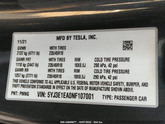 Tesla MODEL 3 2022 5YJ3E1EA0NF107001 Image 9