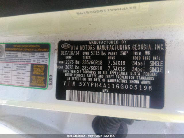 5XYPH4A11GG005198 KIA SORENTO EX