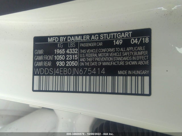 2018 Mercedes-Benz CLA-Class, VIN: WDDSJ4EB0JN675414