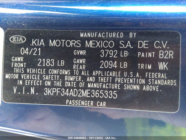 2021 KIA FORTE GT LINE VIN: 3KPF34AD2ME365335