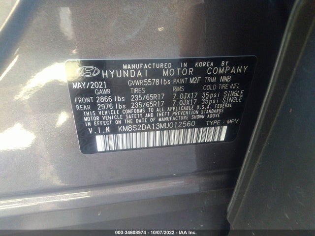 2021 Hyundai Santa Fe, VIN: KM8S2DA13MU012560