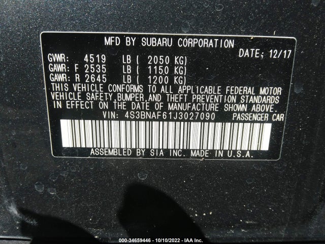 Subaru Legacy Premium 2018 4S3BNAF61J3027090 Image 9