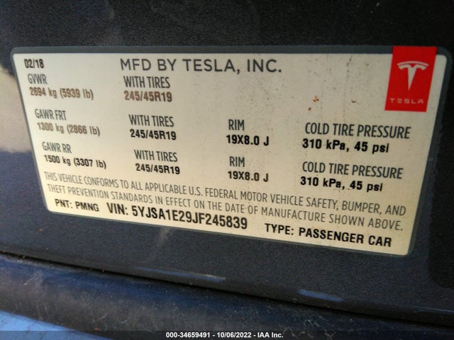 2018 Tesla Model S, VIN: 5YJSA1E29JF245839