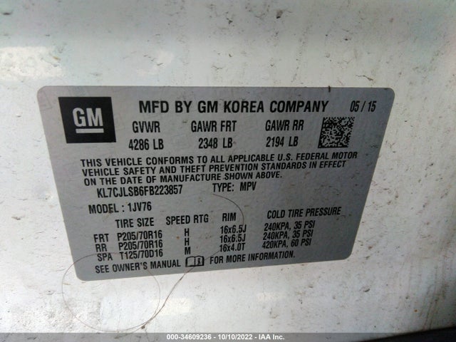 2015 Chevrolet Trax, VIN: KL7CJLSB6FB223857