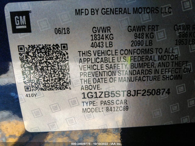 2018 CHEVROLET MALIBU LS VIN: 1G1ZB5ST8JF250874