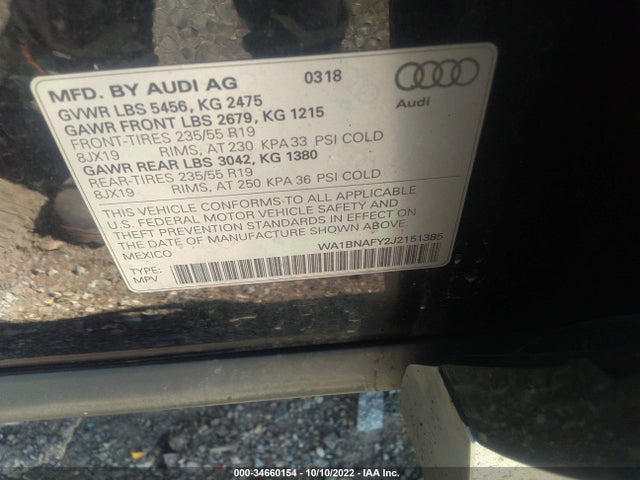 2018 AUDI Q5 PREMIUM PLUS VIN: WA1BNAFY2J2151385
