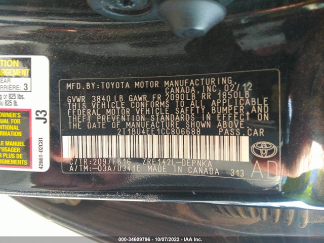 2012 TOYOTA COROLLA L/LE/S VIN: 2T1BU4EE1CC806688