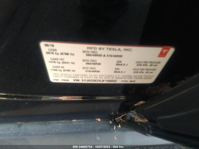 Tesla Model X 75d/100d/p100d 2018 5YJXCDE25JF106552 Image 9