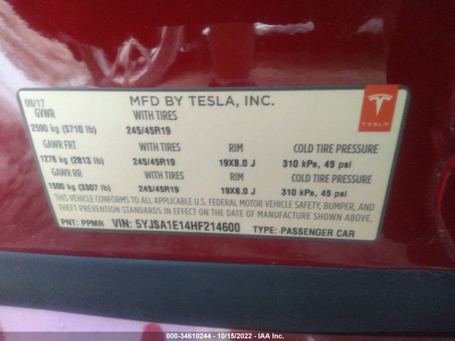 2017 Tesla Model S, VIN: 5YJSA1E14HF214600