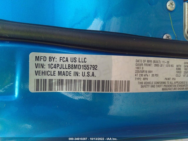 Продаж на аукціоні авто 2021 Jeep Cherokee Altitude, vin: 1C4PJLLB8MD155792, номер лоту: 34610287