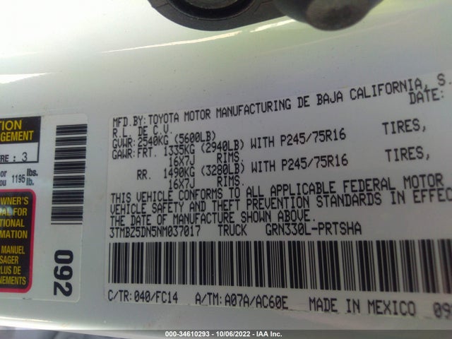 2022 TOYOTA TACOMA 2WD SR5/TRD SPORT VIN: 3TMBZ5DN5NM037017