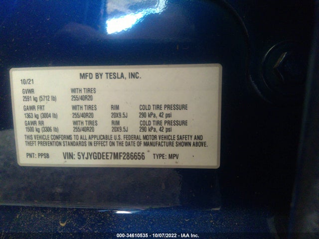 Tesla Model Y Long Range 2021 5YJYGDEE7MF286656 Image 11