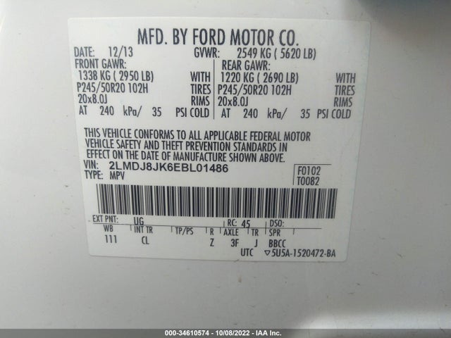 Lincoln MKX 2014 2LMDJ8JK6EBL01486 Image 10
