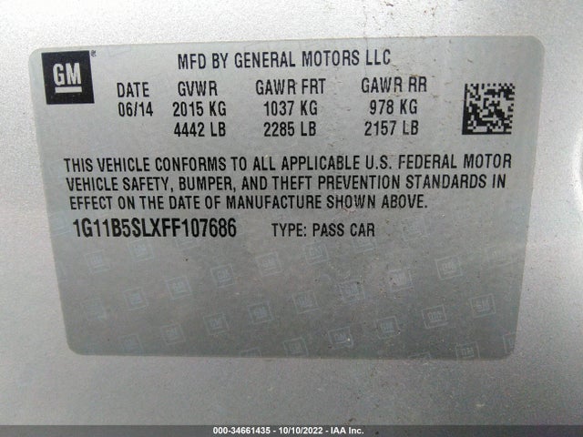 2015 CHEVROLET MALIBU LS VIN: 1G11B5SLXFF107686