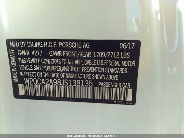 2018 Porsche 911, VIN: WP0CA2A98JS138135