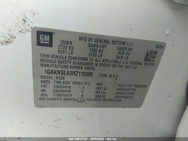 GMC ACADIA SLE 2017 1GKKNSLA3HZ115598 Image 9