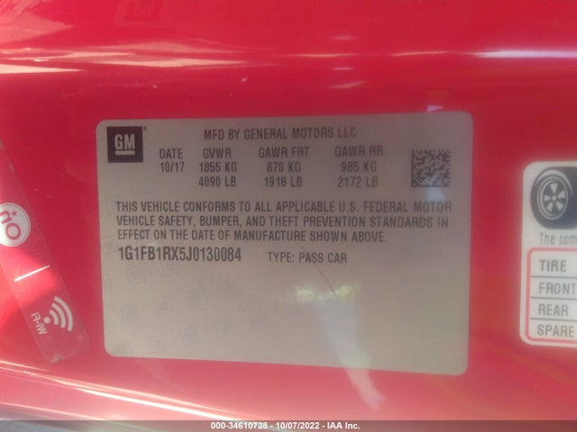 2018 Chevrolet Camaro, VIN: 1G1FB1RX5J0130084