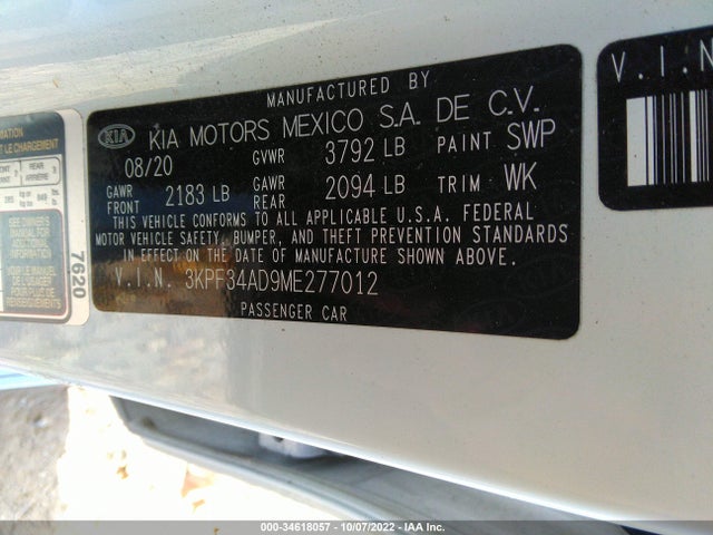 34618057 :رقم المزاد ، 3KPF34AD9ME277012 vin ، 2021 Kia Forte Gt-line مزاد بيع