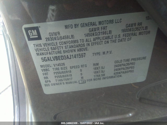 2010 BUICK ENCLAVE CXL W/1XL VIN: 5GALVBED3AJ141597