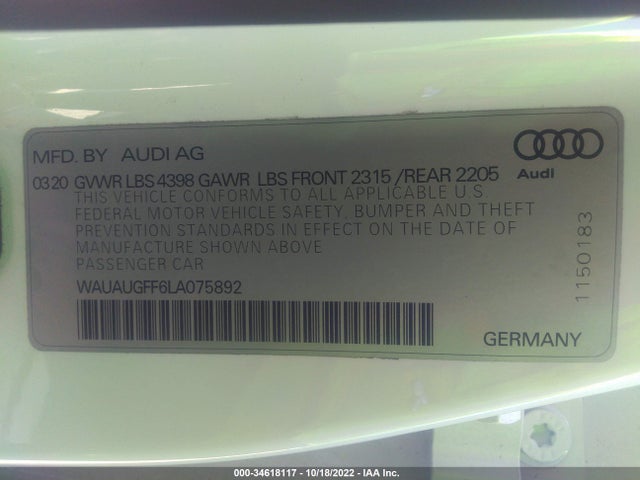 2020 Audi A3, VIN: WAUAUGFF6LA075892