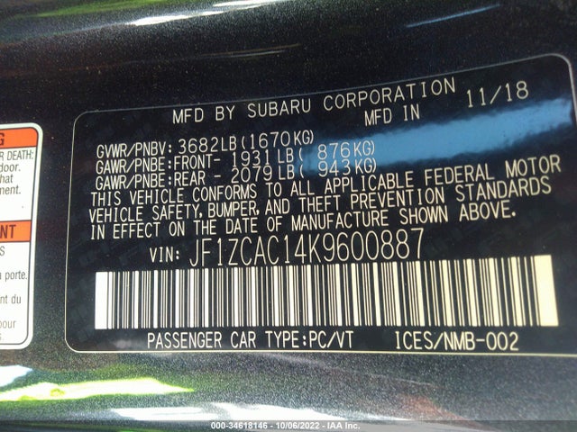2019 Subaru BRZ, VIN: JF1ZCAC14K9600887