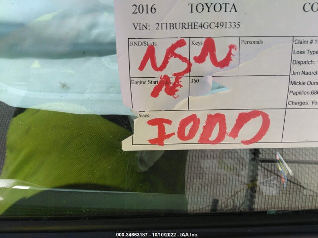 2016 TOYOTA COROLLA L/LE/S/S PLUS/LE PLUS VIN: 2T1BURHE4GC491335