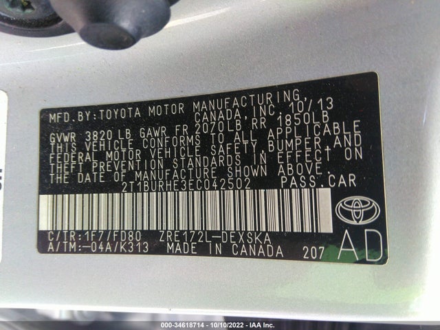 2014 TOYOTA COROLLA L/LE/S/S PLUS/LE PLUS VIN: 2T1BURHE3EC042502
