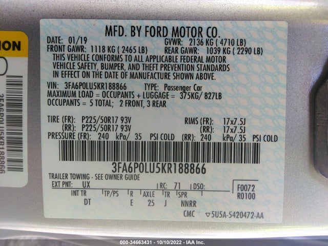 2019 Ford Fusion, VIN: 3FA6P0LU5KR188866