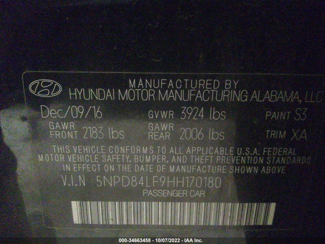 2017 HYUNDAI ELANTRA VALUE EDITION VIN: 5NPD84LF9HH170180