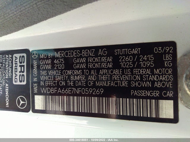 1992 MERCEDES-BENZ 500 SL VIN: WDBFA66E7NF059269