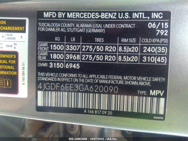 2016 MERCEDES-BENZ GL GL 450 VIN: 4JGDF6EE3GA620090