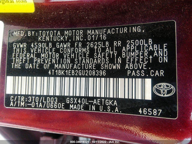 2016 Toyota Avalon, VIN: 4T1BK1EB2GU208396