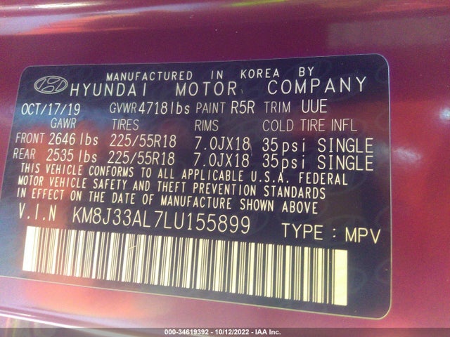 2020 HYUNDAI TUCSON SEL VIN: KM8J33AL7LU155899