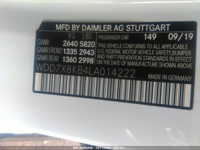 34664420 :رقم المزاد ، WDD7X8KB4LA014222 vin ، 2020 Mercedes-benz Amg Gt Amg Gt 63 S مزاد بيع