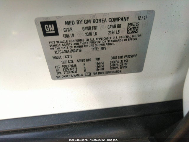 2018 Chevrolet Trax, VIN: KL7CJLSB1JB604119