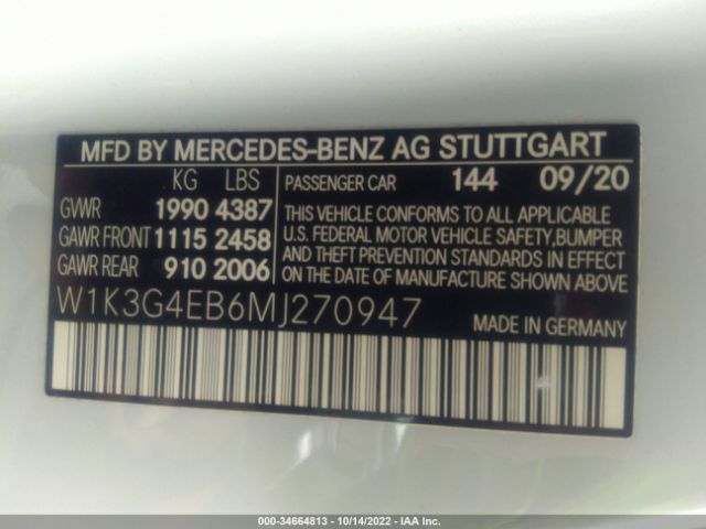 W1K3G4EB6MJ270947 Mercedes-Benz A-class A 220