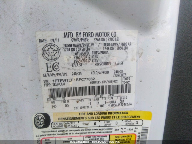 2011 FORD F-150 XL/XLT/FX4/LARIAT VIN: 1FTFW1EF1BFC77882