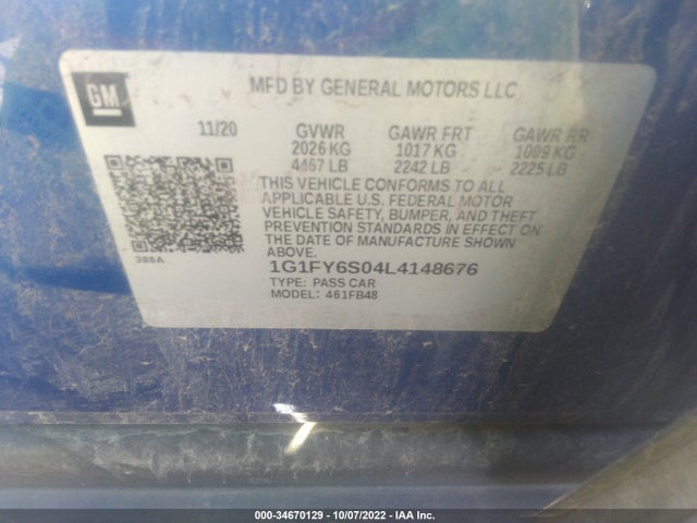 2020 Chevrolet Bolt EV, VIN: 1G1FY6S04L4148676